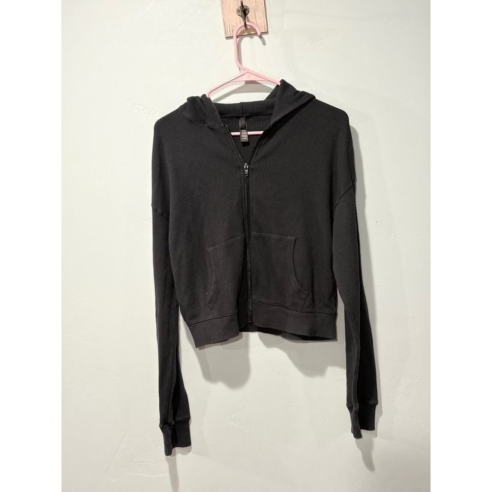 Skims Cotton Rib Zip Up Hoodie Soot Black Waffle Knit Cropped Jacket Large